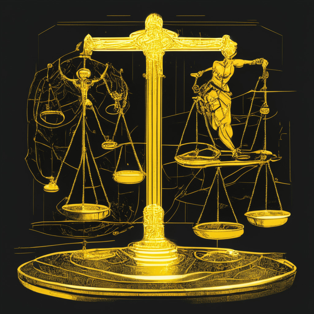 An intricate balance scale made of gold and glass, symbolizing justice. On one side, an illustrated image of prosecutor's pointing, contesting, in noir style. On the other side, a sketched defense lawyer with plausible expert witnesses, under yellow, tense courtroom light. Reflecting complex details of blockchain indicating advanced expertise. Mood - intense tug of war.