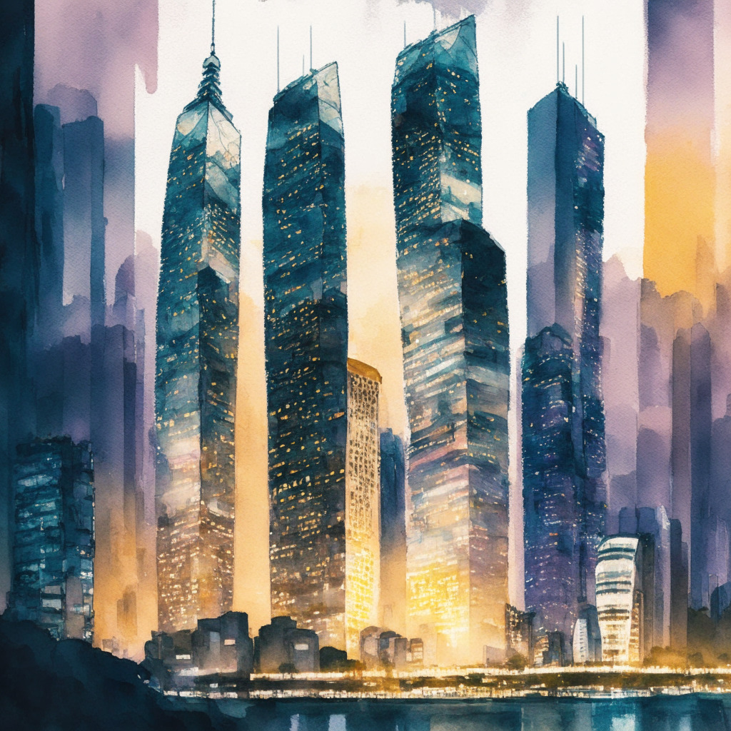 An ambitious Swiss bank building amidst intricate Hong Kong city skyline, the bank edifice styled in soft watercolor brushstrokes showing warm, vibrantly illuminated interiors, suggesting a welcoming, burgeoning crypto market. Seems to project a sense of corporate diligence, the scene fusing dusk's tranquil allure, the ethereal glow hinting at the crypto-themed future, but harboring layers of subtle tension and anticipation.
