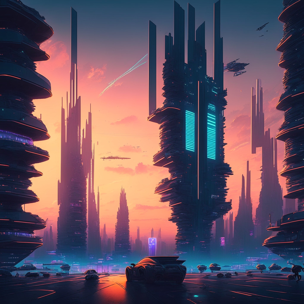 A digital landscape at dusk, where the sun's last light casts long shadows over a bustling futuristic city. The architecture is inspired by cyberpunk aesthetics, with tall structure denoting a massive gaming platform. The sky is studded with flying car-like NFTs and rows of 3D hologram billboards advertising new features and promotions. In the center, a large 'victory podium' illuminated with soft, welcoming light, signifies potential top listings. A crowd of various characters are gathering around, some seem to withdraw tokens while others appear to be shuffling for positions, denoting user acquisition. The feel of the image should be a mix of suspense and anticipation for the upcoming events, yet suffused with an air of risk and mystery reflecting hidden projects.