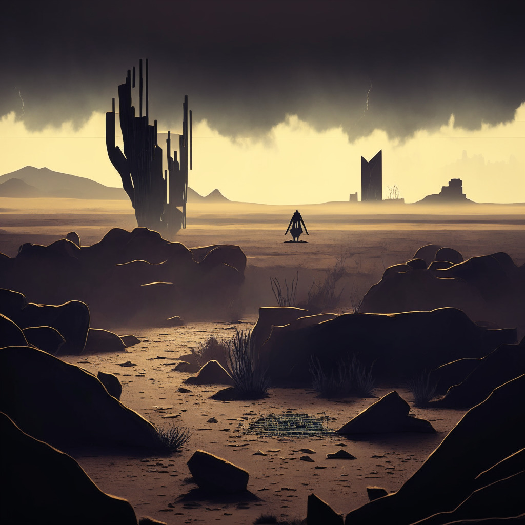 An unsettling neo-noir scene set on a chaotic digital frontier, a shadowy figure symbolizing an Ethereum wallet amassing altcoins. A stark desert backdrop represents the unregulated, Wild-West-like character of the crypto sphere. The lighting is moody, and the landscape reflects a precipitous dip, alluding to a significant decrease in token value. An abstract representation of a multi-signature locker hints at suspicious transactions, oddly receiving funds. Prominent is a 'bridging protocol' structure indicating seamless transaction across multiple blockchains, ruptured, symbolizing a shocking heist. Dessert storm swirling, speaks of the ongoing battle against illicit blockchain activities.