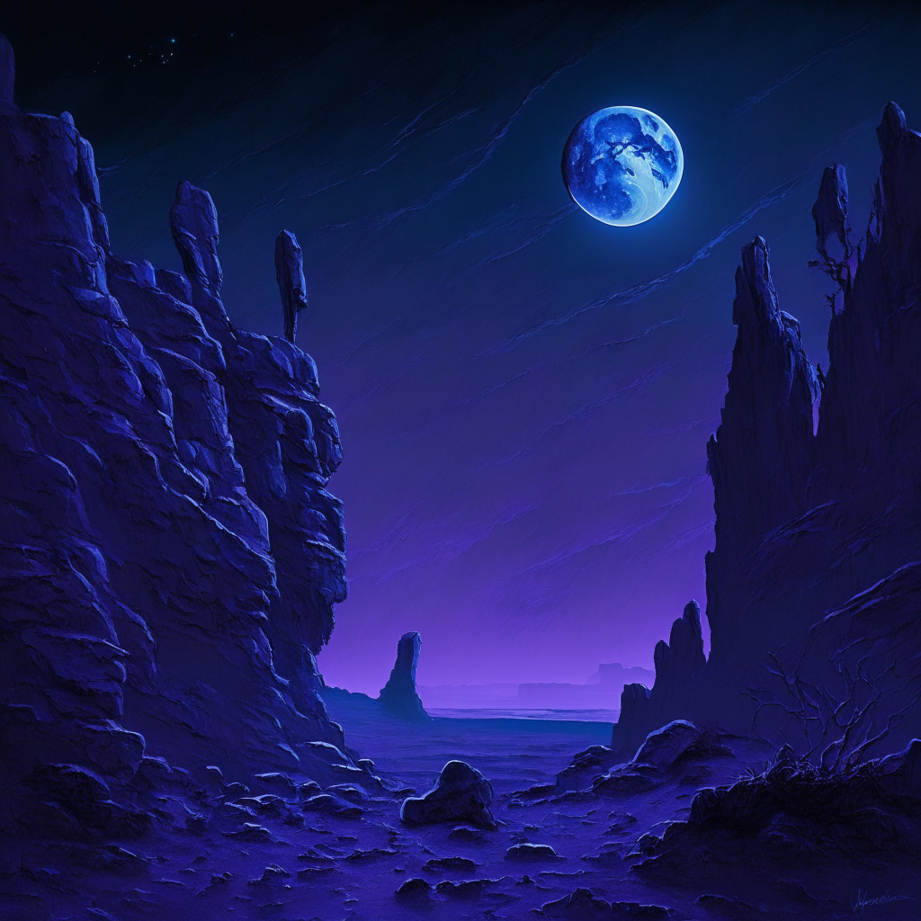 A gloomy night on a deserted lunar landscape, painted in the style of romanticism. Jagged cliffs and craters symbolizing falling cryptocurrency prices, a spotlight illuminating a small sapling – a symbol of potential recovery. Scene portrayed in deep hues of blue and purple reflecting melancholy, contrasting against the soft glimmers of hopeful silver light.