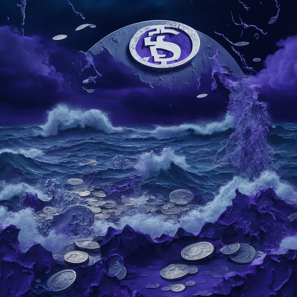 A digital scene resembling a stormy monetary sea, awash with different shades of dark blues and purples to represent uncertainty. In the background, crypto coins are sinking depicting the plunging Terra Luna Classic price. A branch on one side to reflect the community's disagreements, fractured and dry. Cloudy, sombre sky hinting at the unresolved discord. On the other side, a bright, emerging sun in the form of an unidentifiable ERC-20 token, offering a glimmer of hope. Emphasize a contrast, by applying a chiaroscuro technique. Capture a mood of anticipation and uncertainty.