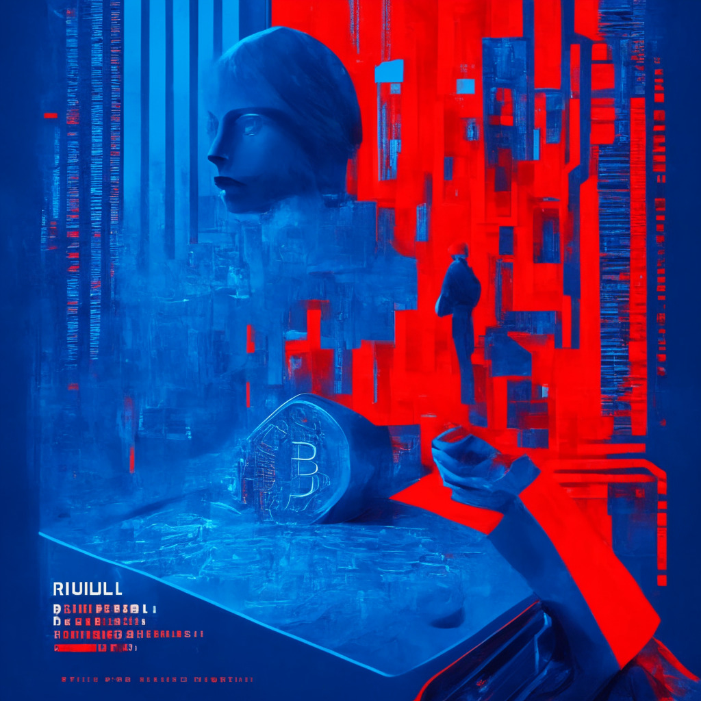 A futuristic interpretation of a financial transaction in Russia with a digital feel, capturing the innovative spirit of the digital ruble project. AI-generated humans, early adopters at their mobiles, transferring a novel digital coin in radiant cyberspace. The composition, in contrasted with cold tech-blue and warm ruble-red details, embodies the mixed reactions. Intense, suspenseful mood under dusky artificial light.