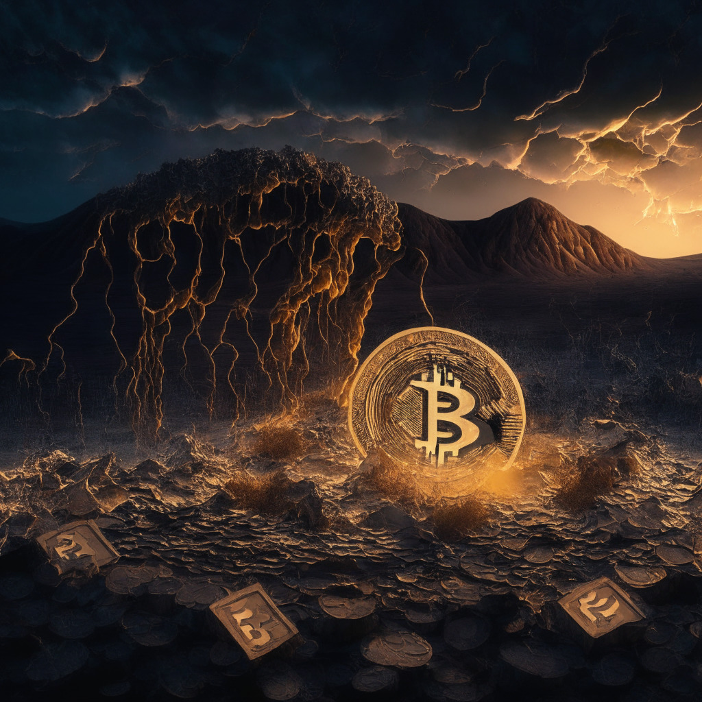 Visualize a tectonic shift in the crypto landscape, under dramatic dusk lighting highlighting the turbulence. In the forefront, represent the symbolic discontinue of Tether's Bitcoin, Kusama and Bitcoin Cash-based stablecoins, embodying it as ancient, fading coins. Midway, signify a diminishing Omni Layer by a slowing clock, indicating its halted issuance. In contrast, reveal Tether's anticipated resurgence with Bitcoin-based 'RGB', represented by a bright, vibrant, rising phoenix. Encompass a mood of hope, uncertainty and transformation, painted in a Baroque art style.