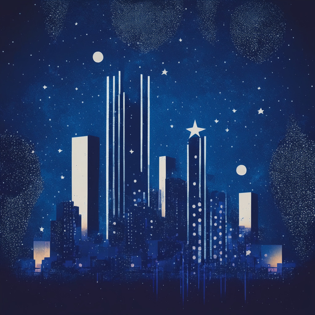 Conceptual image of a tropical skyline with towering financial buildings, including an abstract symbol of Tether, under an indigo twilight sky speckled with stars. Incorporate a muted pallet to represent the complex world of finance. Set the mood as calculated yet mysterious to convey the uncertainties regarding regulations and transparency. Periodic transfers of money patterns flow between buildings, signifying partnerships and interdependencies. A large scale on one side, symbolizing cryptocurrency market weight on global finance, sits in steady balance.