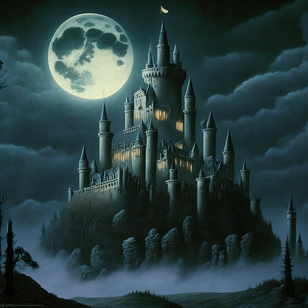 A neo-gothic scene depicts Tether as a grand yet enigmatic castle atop a hill, bathed in the eerie glow of a full moon. The castle, representing it's robust financial health, stands strong amidst swirling mists of uncertainty and skepticism. Piles of beautifully-detailed U.S Treasury bills are meticulously stacked in the glistening treasury room inside the castle, hinting at its considerable holdings. Outside, a small group of busy, miniature figures indicative of the company’s productive team goes about their work. The castle's shadow casts a long uncertainty across the scene, hinting at the unknown future of the corporation reflecting its unresolved controversies. Slippery gold coins represent their declining cash holdings, trickling down the hill creating an alarming trail. Lastly, a few shimmering silhouettes of investors can be seen in the distance, depicting their undecided stance towards investing due to the atmosphere of financial ambiguity.