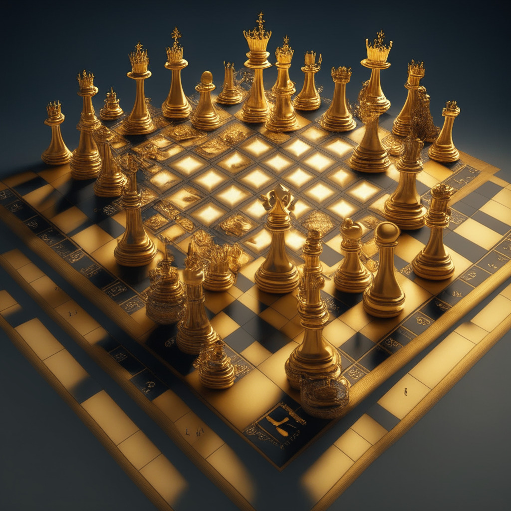 A digitally illustrated chessboard symbolizing strategic moves, cast under soft, golden light that reflects the thriving crypto-market. The chess pieces, stylized as stablecoins, display representations of various currencies and gold. The board rests on a foundation formed of $83.2 billion in liabilities with an overflow of $86.5 billion in assets spilling off the side, capturing Tether's abundant reserves. The scene radiates an innovative and robust financial ecosystem vibe, showing resilience and forward-thinking. It simultaneously leaves an air of ambiguity and suspense, indicative of market unpredictability and future strategies.