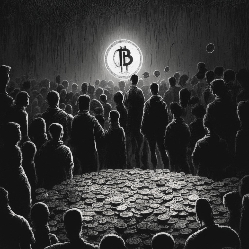 A dimly lit scene in a noir art style. A large coin rendered as Tether stablecoin stands tall amidst a less detailed crowd of smaller coins, representing Omni, Kusama, and Bitcoin Cash, hint of dissolution in their form. The ambient mood is one of suspense, uncertainty, and change, with the focus on the Tether's bold stance in the foreground. The ghostly blockchain structures in the backdrop, fading away in mist.