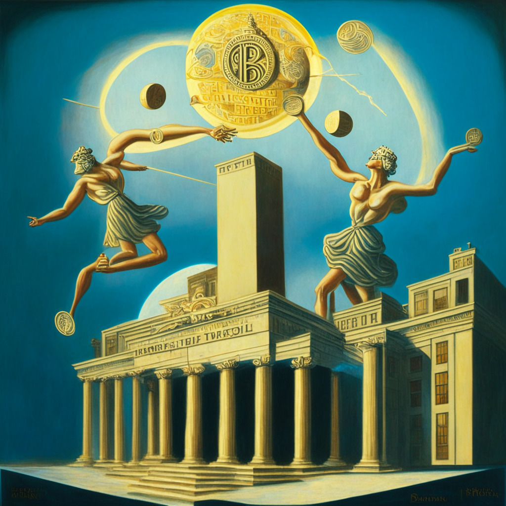 An intricate, surrealist style painting of Tether and Britannia bank depicted as two entities juggling coins and paper money. Tether, a unique stablecoin structure reaching into the sky, Britannia as a classic Bahamian bank building. The mood is murky due to the complex interplay of relationships. The light source for the painting can be the rising sun, indicating cautious optimism.