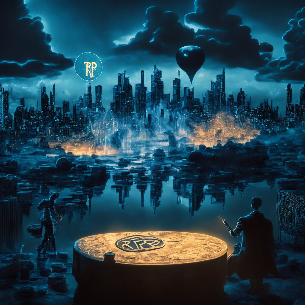 A surreal cryptocurrency realm with a dominant coin marked 'XRP20', under a chiaroscuro sky evoking mystery and risk. Figures engaging in wealth exchange around a transparent, glowing staking table. In the background, a Meta themestyle cityscape pulsating with opportunities, subtly hinting the volatile nature of the crypto world. Mood: Anticipation, tension.