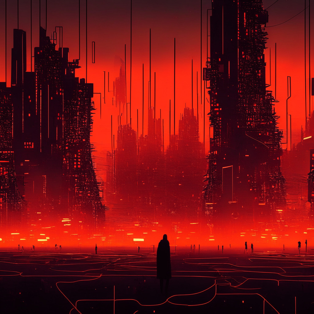 A futuristic cityscape at dusk, networks of glowing nodes and lines representing subnets, subtle contrast of light and shadow, surrealistic style. Mood of anticipation and uncertainty, tokens resembling liquid gold, individuals looking at large screens showing fluctuating numbers, hints of controversy in fiery red details.
