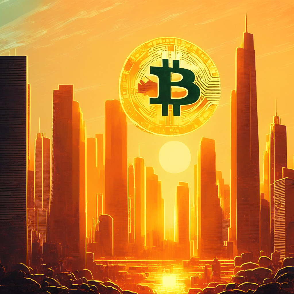Impressionistic dawn over a futuristic cityscape, a dynamic bitcoin emblem hovers, emitting a soft, golden glow. A colossal scale balances on its axis, tilting towards a green arrow pointing upwards, embodying market surge, and the other side hosts a red warning sign, reflecting caution. The mood is riveting yet apprehensive, illustrating the dichotomy of hope and uncertainty.