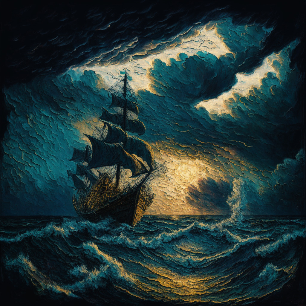Dramatic stormy sky over a turbulent crypto market seascape at dusk, a sinking ship representing the CRV token, a distant horizon suggesting hope, rays of ambient lighting highlighting the chaos, all portrayed in a Van Gogh-esque swirling expressive style, capturing the mood of turbulent uncertainty and volatility.