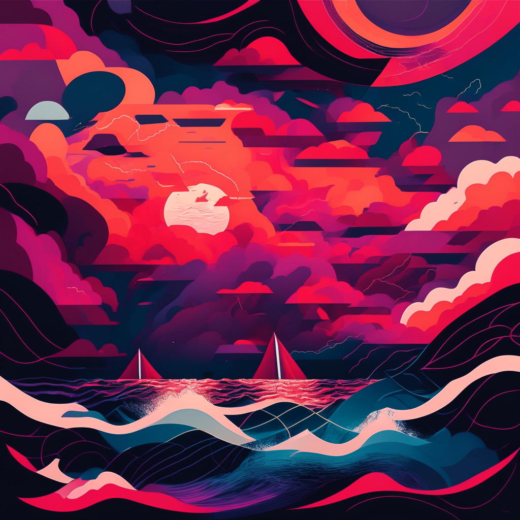 An abstract representation of the calm before a storm in a vibrant cryptocurrency universe. Picture a tranquil sea under a crimson twilight sky, filled with hushed whispers of the impending turbulence. Each ripple represents individual crypto currencies holding steady. A looming thundercloud in the form of a distributed network graph signifies the forecasted volatility. Blending the angular rawness of cubism and the fluid serenity of impressionism to evoke anticipation, uncertainty and readiness.