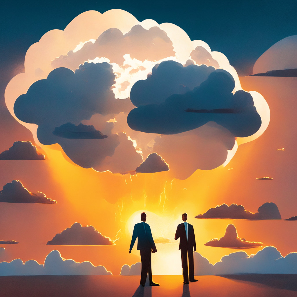 A vivid image of two congressional representatives, one expressing concern, the other optimism, over a giant cloud-shaped stablecoin hovering above. The cloud reflects the fintech industry's volatility and innovative potential. The scene is lit by the soft glow of a setting sun, casting long shadows and infusing the atmosphere with a sense of uncertainty and anticipation. The artistic style, reminiscent of American realism, adds tension to the scene, illustrating the fine line between innovation and regulation.