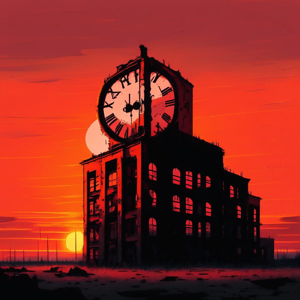 A melancholic sunset over a cryptic, hyper-detailed abandoned clock factory, symbolising the closure of Clockwork, painted in ultra-modern style. The orange-red horizon gives the scene a tint of optimism amidst the dim light, where smart-contracts are portrayed as ghostly props. The patina-hued factory represents the once promising, but now halted blockchain ambitions. It's an image with shadows of post apocalyptic solitude, yet sprinkled with the hope of rebirth as emerging, ethereal structures in the background, suggesting the potential forked projects.