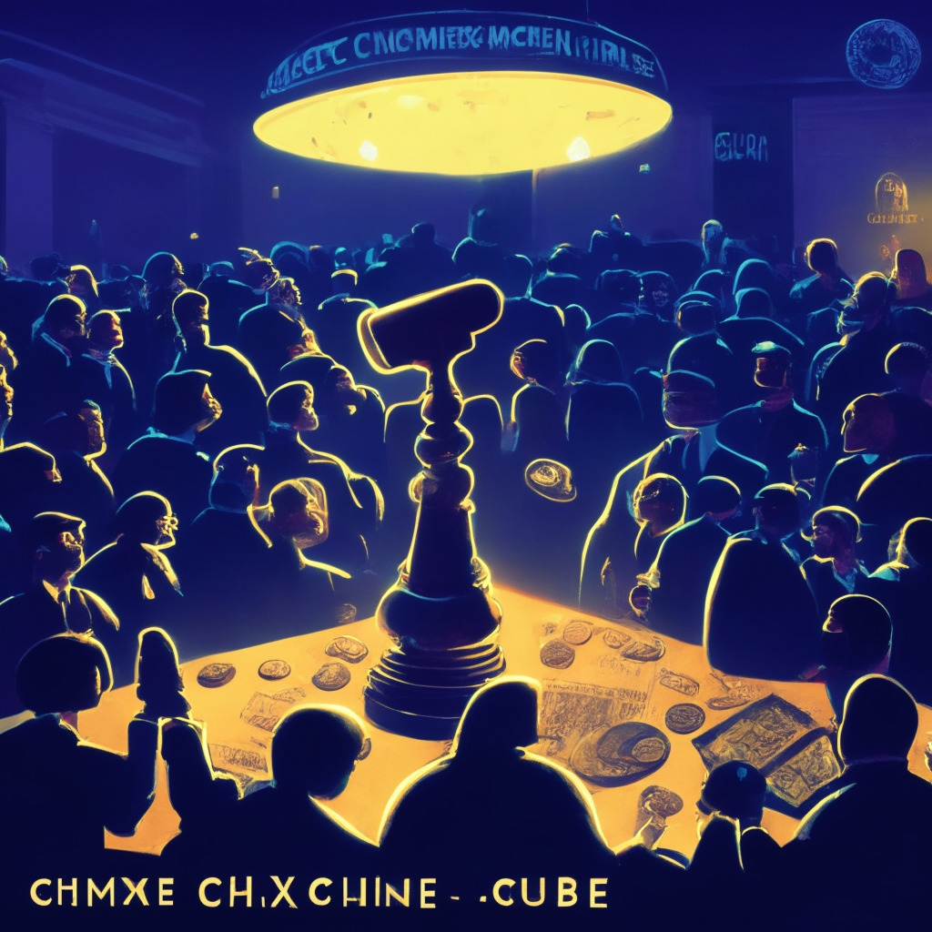 A bustling digital marketplace under the large shadow of a legal gavel, signifying Coinbase's ongoing lawsuit with the SEC. Numerous cryptocoins gleaming like stars in the dimly lit, moody palette scene. Tokens like GMX and Cowabunga slightly regaining lost shine. XDC exhibiting a powerful glow amid slight fluctuation. Chimpzee token embedded with philanthropy symbols. An instractably bearish Injective coin illustrating the risky nature of crypto trading.