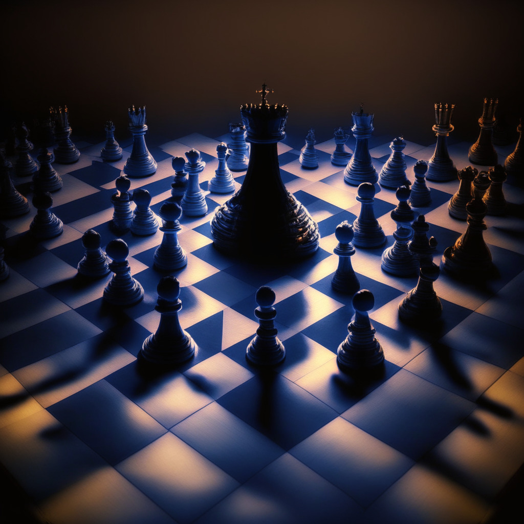 An abstract chess board under a cool, twilight glow. The pawns, representing the SEC and other regulatory bodies, shadows overpowering, stand in stern rows. On the opposite end, knight pieces, symbolizing crypto ventures like Bitstamp, appear smaller but brightly lit. The air weighs heavy with a tense dance of power and negotiation, creating a feeling of constricting regulation amid glowing innovation potential. The checkered board sprawls into a distorted horizon, suggesting a future both turbulent and promising.