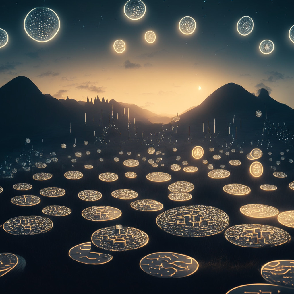 Shadowy cryptocurrency landscape at dusk, with coins resembling PYUSD floating like ethereal orbs atop a network diagram representing blockchains such as Ethereum, BNB Chain. The scene has surrealist style, casting an ominous and deceptive atmosphere. Highlight tokens that could suddenly transform into dust, symbolizing the potential scam.