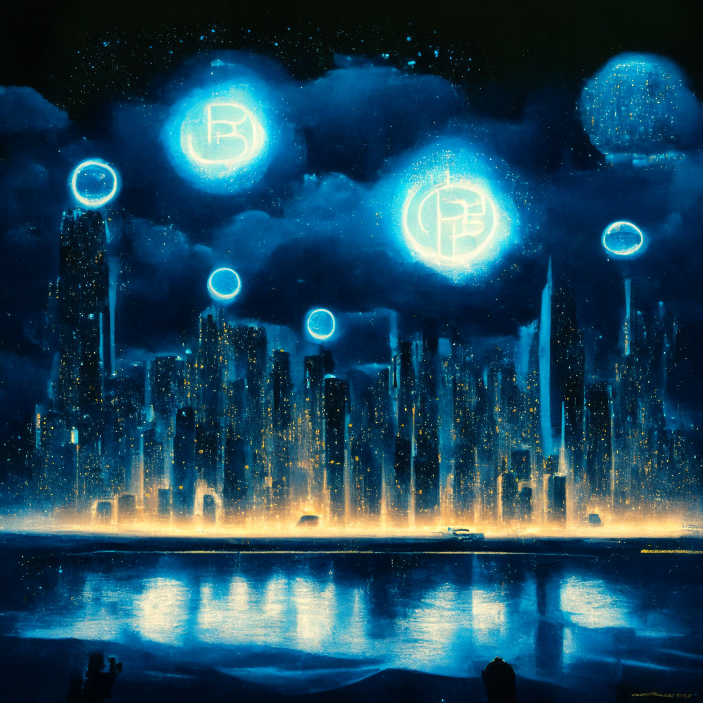 Depict a cryptocurrency market scene mid-transition. Paint a dim, gloomy skyline symbolizing 'Terra Luna Classic (LUNC)', with a 2% luminous streak indicating its minor surge amidst a fading glow to represent its overall decline. Render its community in divided clusters. Incorporate an intriguing, rising orb on the horizon portraying 'XRP20', radiating brighter and inviting light, suggesting potential and high growth. Evoke a cautiously optimistic mood.