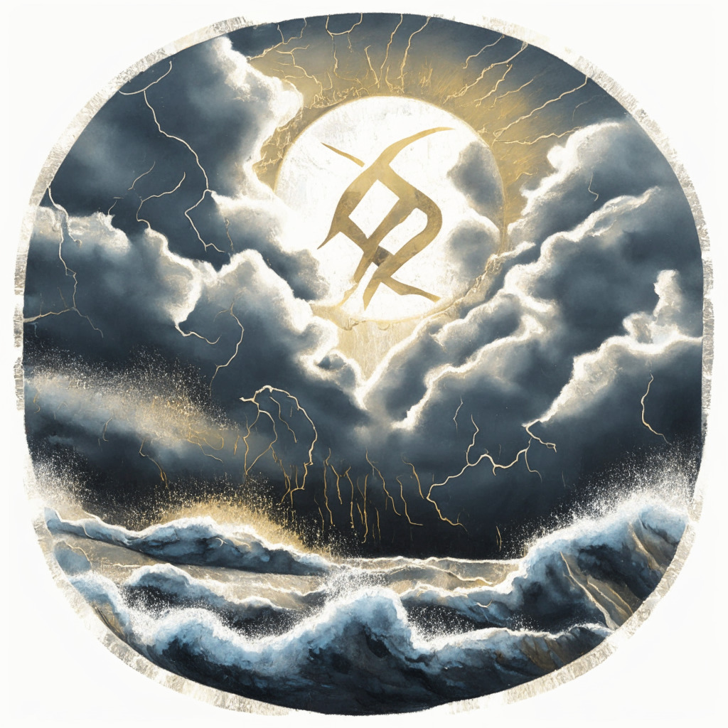 Abstract representation of a tumultuous sea under a stormy sky, symbolizing the struggling Optimism token, underlined by a sinking silver lining, fading golden hues suggest a possible ray of hope. Juxtapose this with a vibrant rising sun, its rays detailing the promising assent of an XRP20 token, texture of canvas signifies deflationary aspect of XRP20, golden sparks showcasing staking rewards. The Mood: Uncertainty mingled with anticipation.