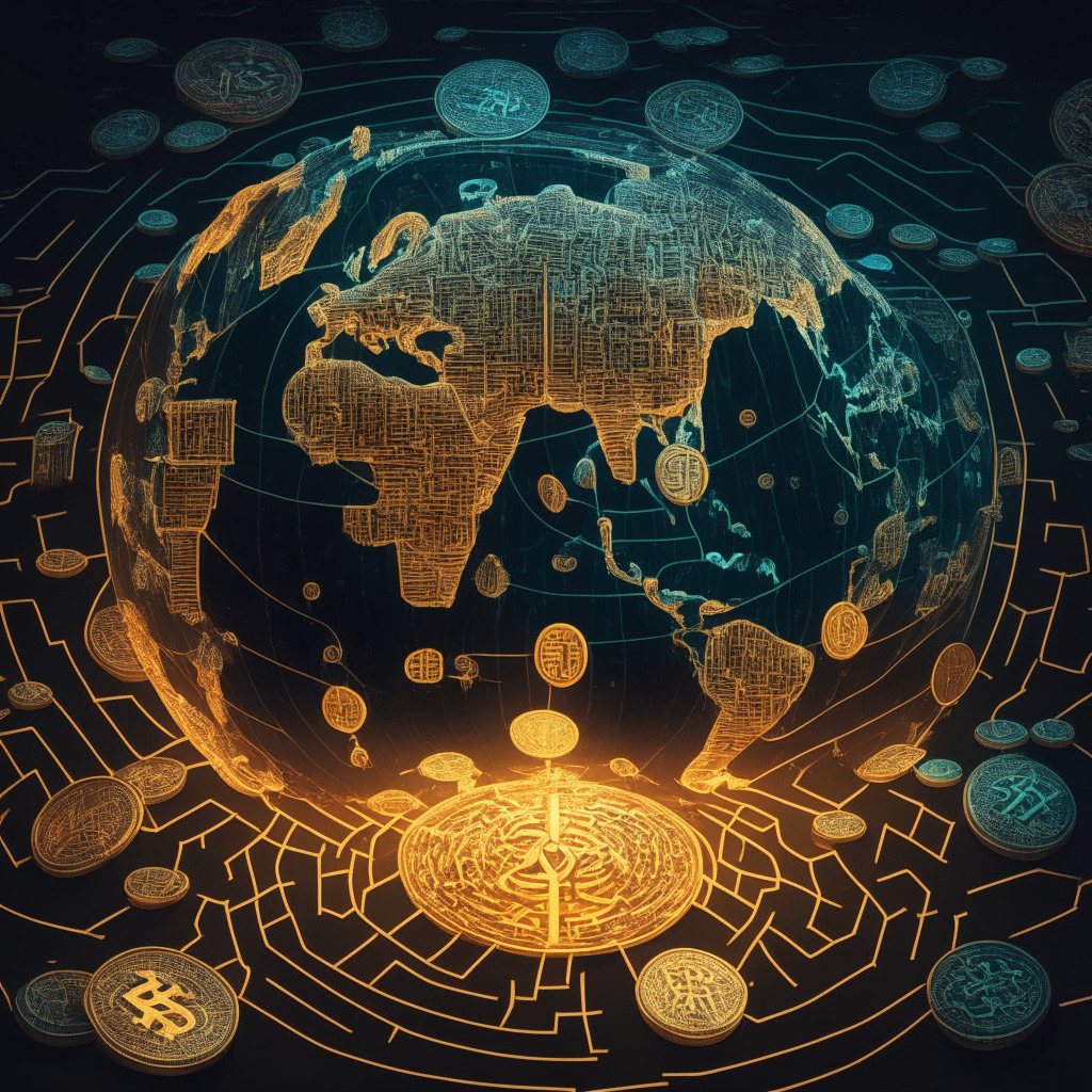 A scene depicting global economic landscape with influences of cryptocurrency & fiat currency, in glowing tones of anticipation, currency coins engraved with bitcoin and dollar symbols, floating amongst a complex maze, a multifaceted crystal globe in the center, with strands of intertwined routes connecting the coins, subtle hints of the aura of uncertainty through shadowy corners, the warm, pulsating glow around the bitcoin coin indicating a slow yet determined surge, eclectic art nouveau style.