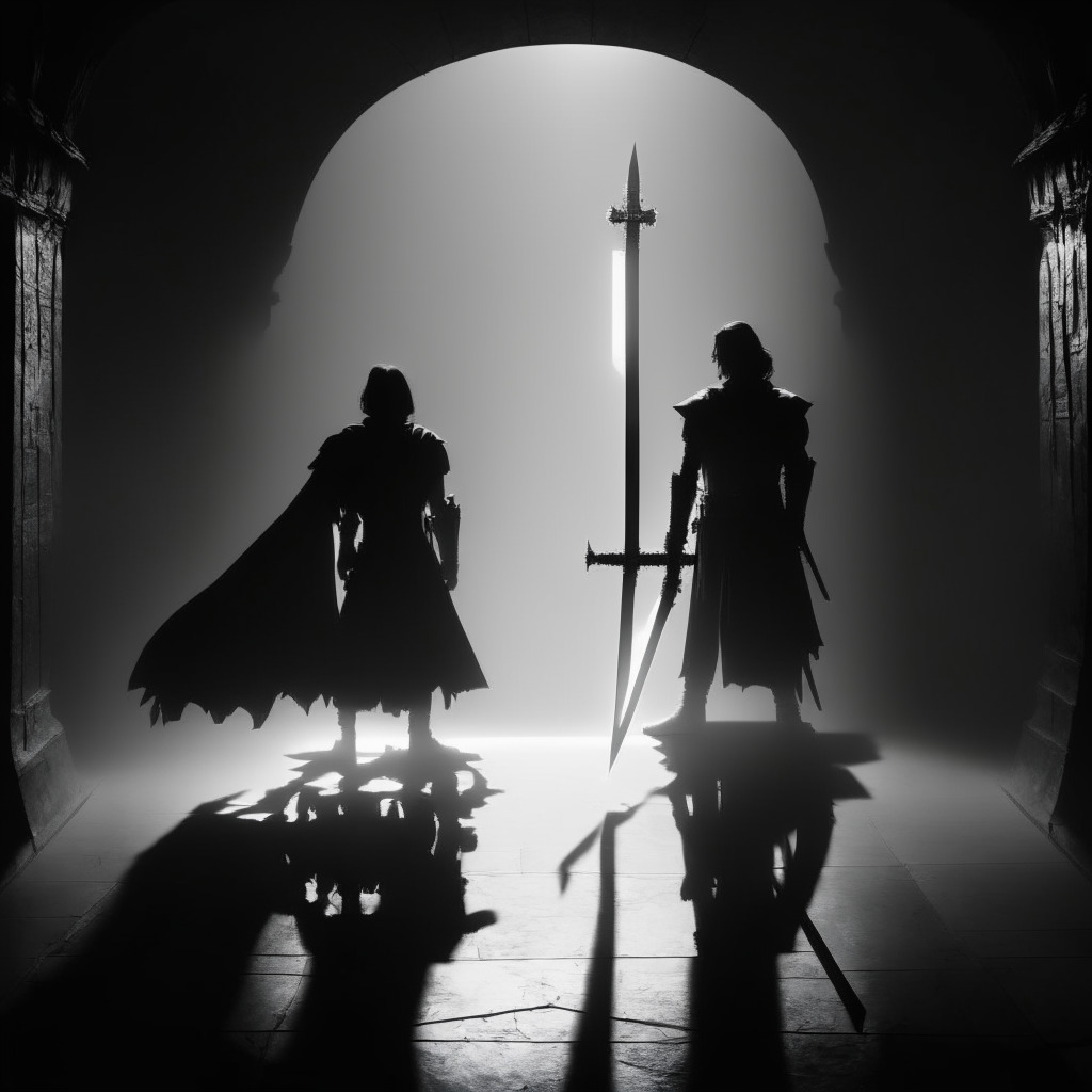 A dimly lit scene with a double-edged sword symbolizing Crypto Influencers, in modern noir style. The sword should be bathed in dual light; one side highlighting the glamor and power of crypto influencers, while the other casting a shadow, showcasing their capacity for potential betrayal and manipulation. The atmosphere should reflect a sense of mystery and caution, symbolizing the importance of due diligence and independent research in crypto investments.