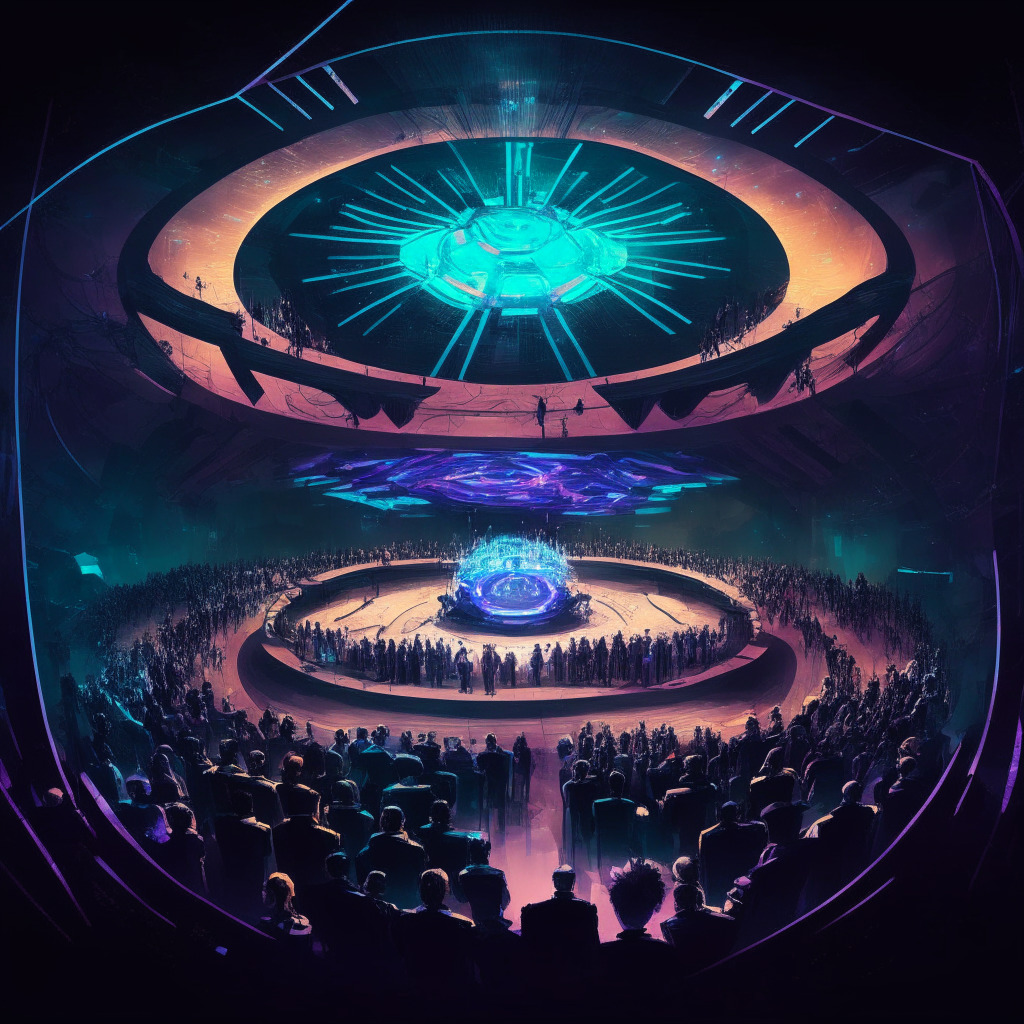 A large, futuristic forum filled with diverse individuals engrossed in deep conversation, under an electric sky symbolizing both unity and division. The style should have tones of cyberpunk aesthetics. A circular stage in the middle showcasing a dynamic workshop, surrounded by a crowd representing developers, investors, and policymakers. The ambiance should reflect a mix of celebration, heated discourse symbolizing the pressing issues and potential breakthroughs of the crypto and Web3 world, with visible signs of both skepticism and optimism under a spotlight. Accessories in the image like futuristic gadgets, digital currency symbols without specific logos, and holographic interfaces. Mood should be intense, yet hopeful.