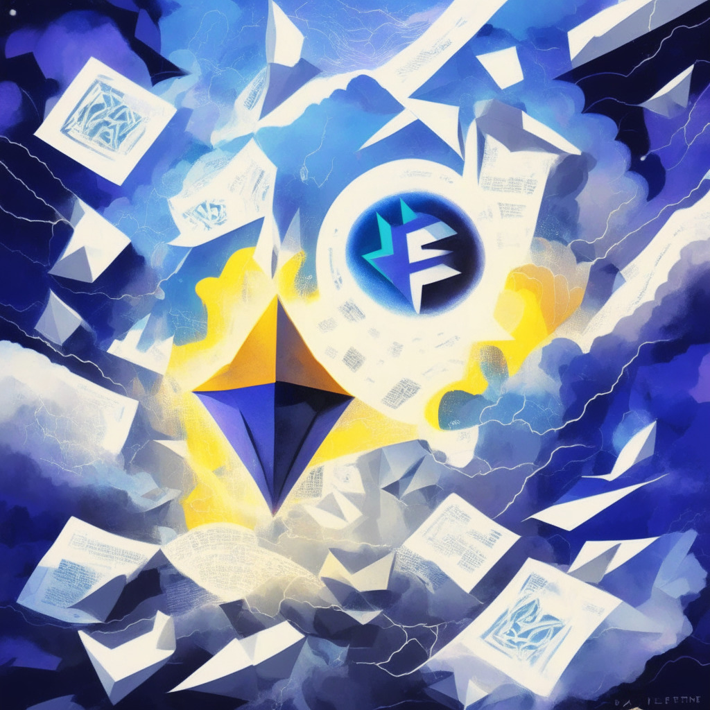 An abstract representation of Ethereum's growth, with a myriad of authorization forms denoting ETF applications, in a storm of paperwork under cloudy skies symbolizing regulatory uncertainties. In contrast, a large, radiant Ethereum coin is rising, casting an optimistic glow despite any doubts, encapsulating the general excitement and anticipation surrounding Ethereum. Artistic style: Cubism, Light setting: Dawn, Mood: Hopeful, tense.