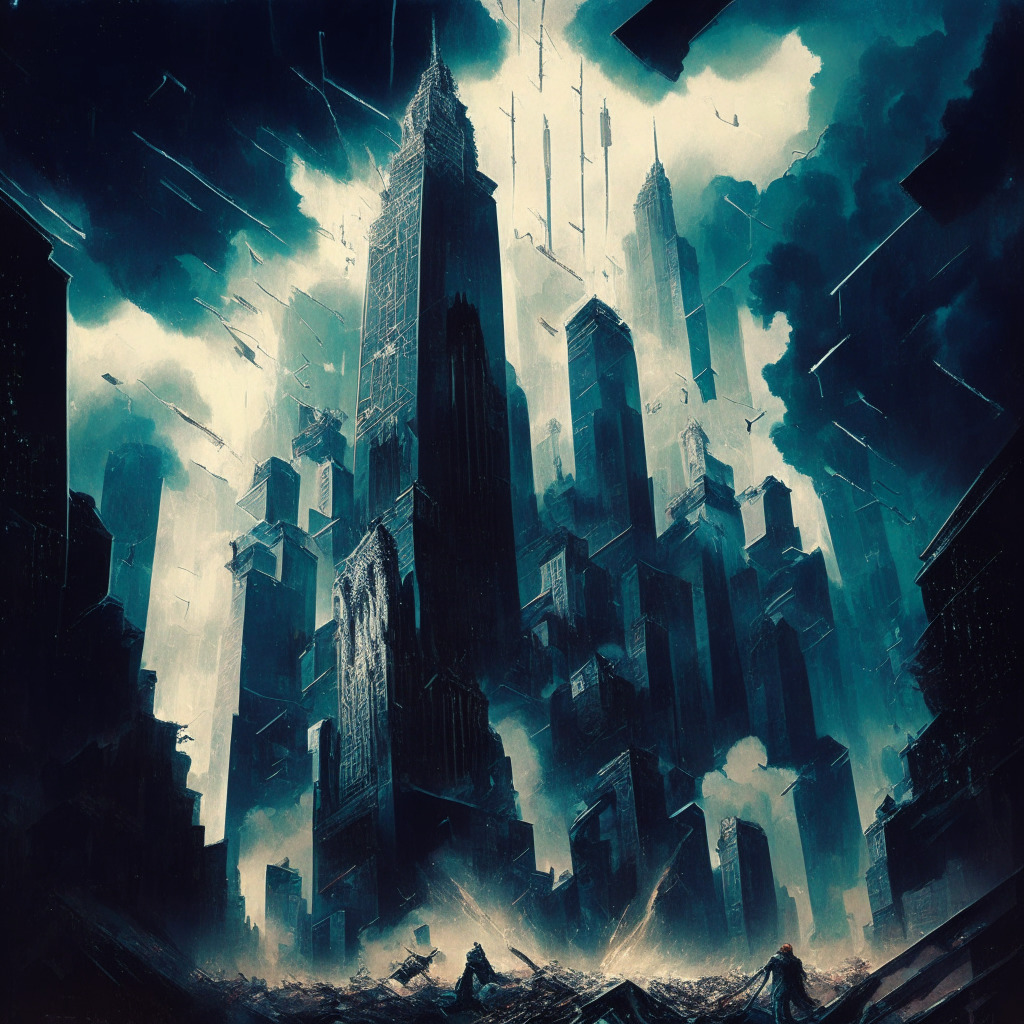 A dramatic, surreal cityscape painted in the Northern Renaissance style, where towering skyscrapers symbolize the financial world. A large, imposing structure, representing Evergrande, crumbles, while tiny, frantic individuals scramble below. Caught in the chaotic scene, flickering holographic screens show depictions of declining cryptocurrency values. The atmosphere is eerie, with dark storm clouds and muted, melancholic hues of blue and grey cast across the scene, accentuated by erratic flashes of cold, white lightning.