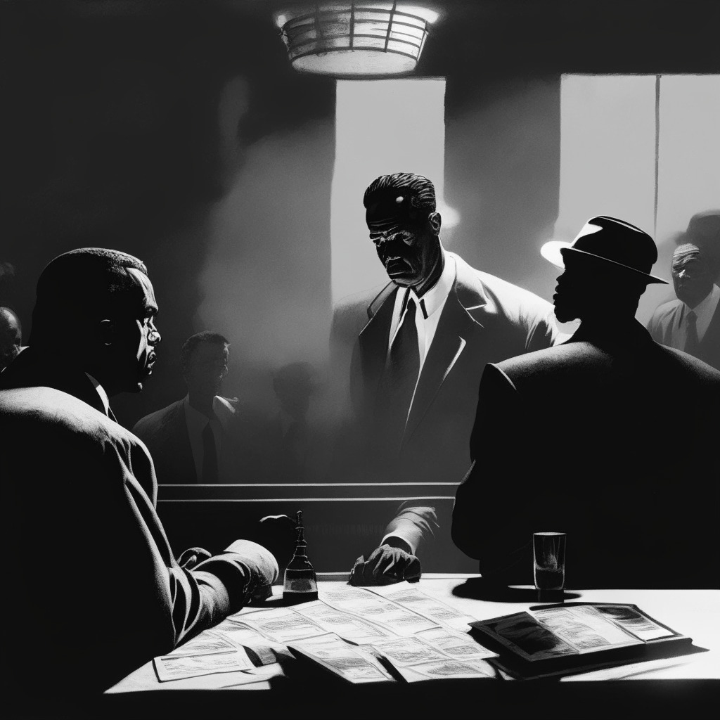 An intensely dramatic courtroom scene evocative of film noir, under harsh, contrasted lighting. In the center, two determined individuals, embodying Santos Caceres and Otis Davis, arguing fervently for the worth of symbolic tokens. Behind them, a stark projection of a sinking graph portraying the plummeting valuation from $0.80 to $0.25. The judge in the background, awash in cautionary yellow light, dismisses a proposal. Off to the side, the silhouette of a fallen CEO tangled in legal chains, pointing to the darker underbelly of this world. Sense of urgency, tension, and risk fill the atmosphere.