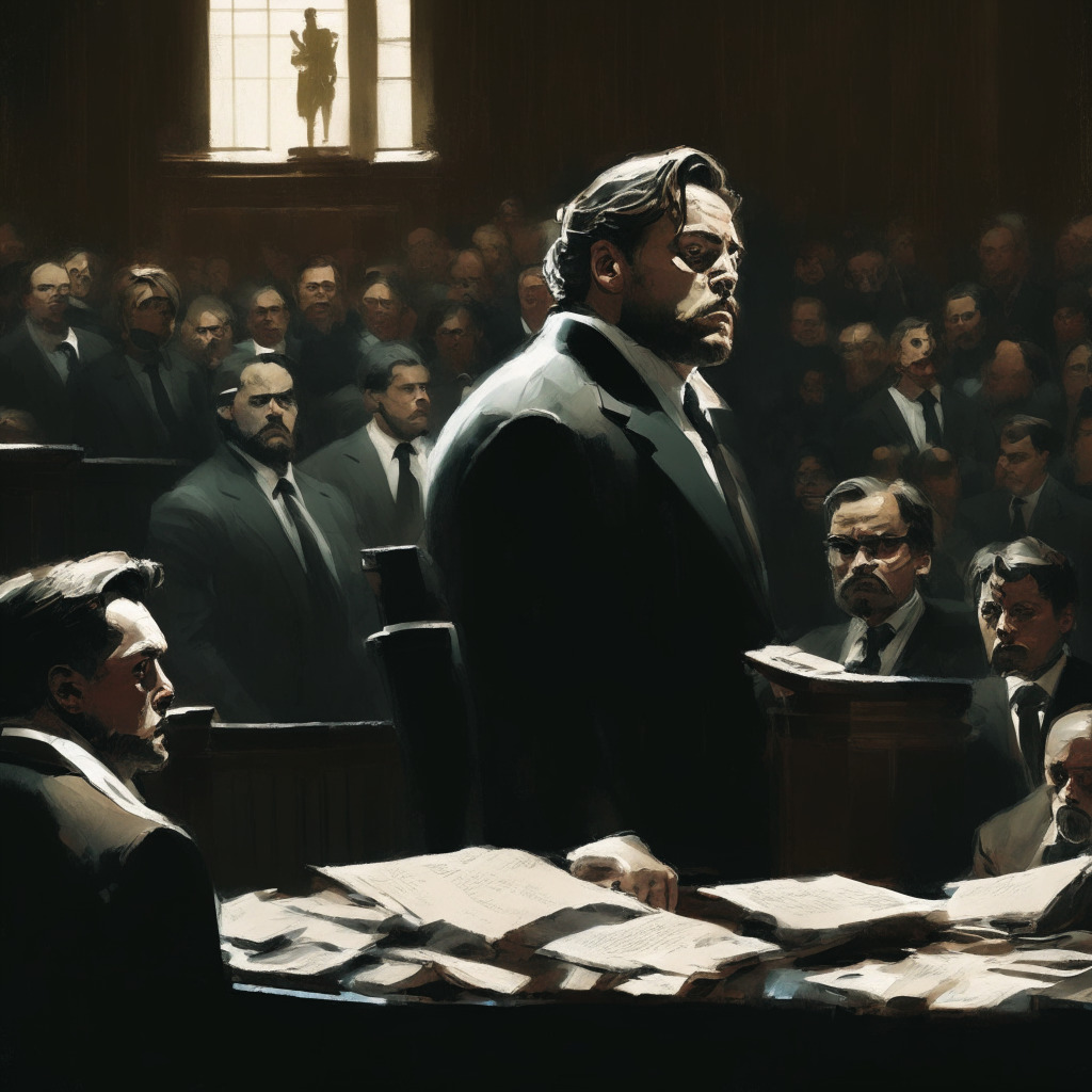 Dramatic courtroom scene, former cryptocurrency CEO on the stand, under harsh, accusatory spotlight. A somber mood, heightened by stark chiaroscuro lighting, highlighting tense facial expressions. In the crowd, disgruntled investors, reflecting sense of betrayal. Foreground filled with legal documents, representing allegations. Painted in Dutch Baroque style, capturing the gravity of the situation.