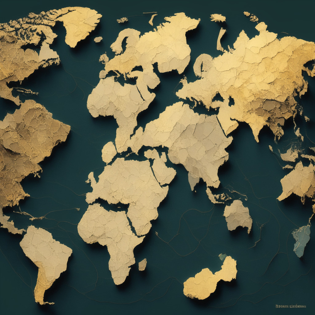 Global map draped in soft light, highlighting disparities in Bitcoin mining costs. Countries like Italy and Lebanon on opposite ends, illuminated with color contrasts, demonstrating the stark differences in mining costs. Mood is of intrigue and debate, textured akin to vintage geological maps, steeped in muted tones for a surreal effect.