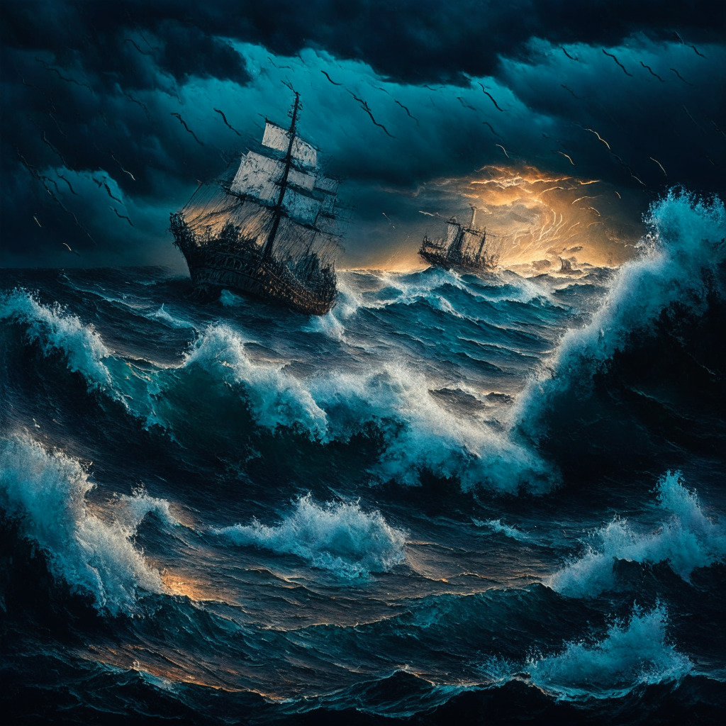 A turbulent scene in a stormy ocean at dusk, symbolizing the Crypto market's dynamic nature. The stormy sea represents the volatility, major cryptos like Bitcoin and Ether depicted as large, sinking ships. Contrastingly, several smaller, rising ships that embody emerging cryptos dance in the waves. A scale balances risk and reward in the sky, emphasizing the presale risks. The overall mood: tempestuous, mysterious, yet hopeful.
