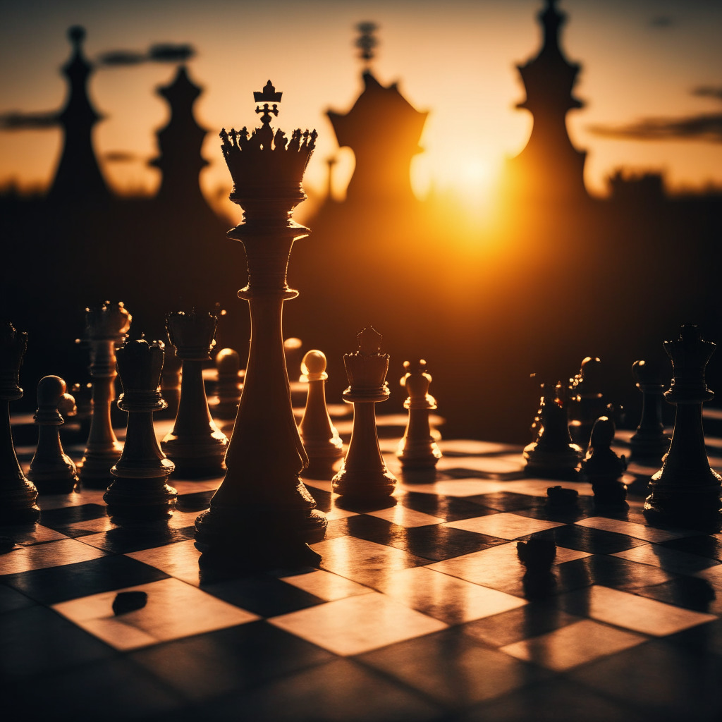 A faded vintage-style image of a grand chessboard, a mix of traditional and digital chess pieces engaged in play under the somber glow of a setting sun. On one side, sleek, futuristic pawns representing crypto startups eager for growth. On the other, austere, towering pieces embodying stringent US regulations. The aura emanates tension, uncertainty, and determination, capturing the spirit of the ongoing regulatory debate of U.S. crypto development.
