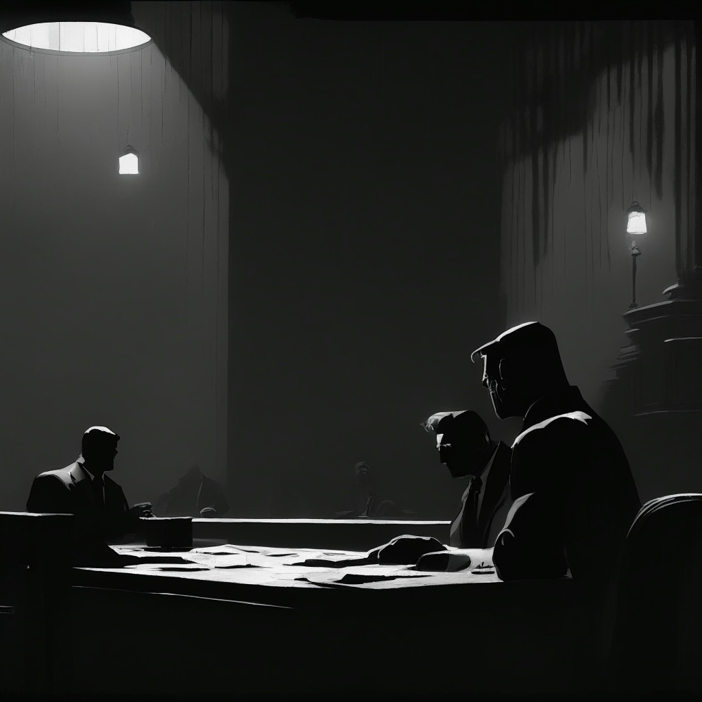 Neo-noir courtroom drama scene, somber mood, jaded co-CEO finalizing a plea deal under dim incandescent lighting amidst a hazy gloom. A background of cryptic cryptocurrency symbols on old-timey chalkboards, tension of deceit and crisis in the air. Artistic influences of Edward Hopper's Nighthawks, imbuing mystery and isolation.