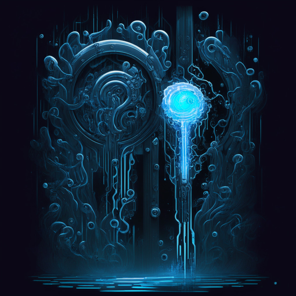 Dark, cybersecurity-themed artwork in digital style, depicting a stylized Google Chrome extension as a glinting, yet menacing key, unlocking a door into a swirling, threatening abyss. A semi-transparent AI tendril extends from the key towards a delicate, luminous bubble representing user data. Color palette: dark blues, cyans to depict the cold, mechanical realm of AI, mellow yellows for user data to signal vulnerability. Mood: simmering tension, veiled danger, an air of intrigue.