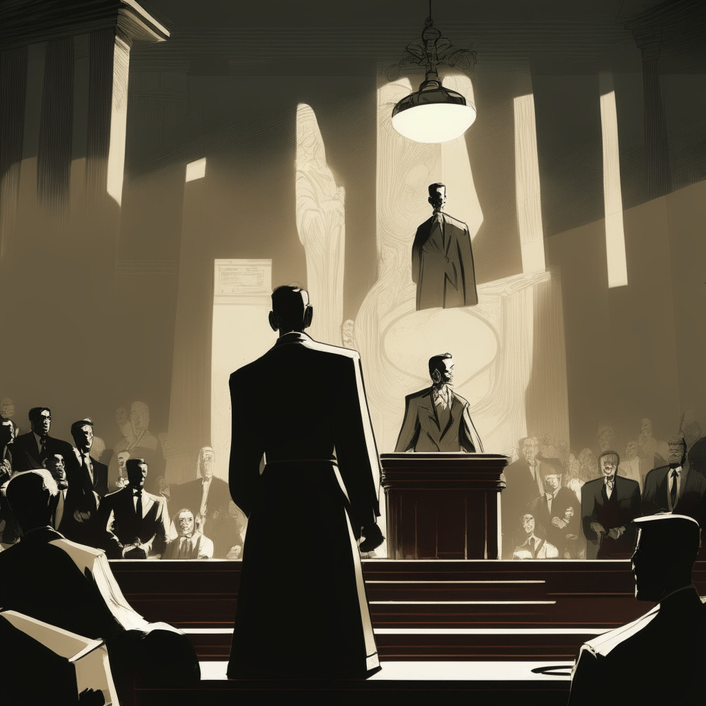 Art Deco-style courtroom, prominent figure, likely Sam Bankman-Fried, standing at the stand under harsh, white spotlight, conveying tension & urgency. Expressive crowd in shadow, encapsulating uncertainty. Background showing crypto symbols & Chinese motifs subtly hinting allegations. Mood: Intense.