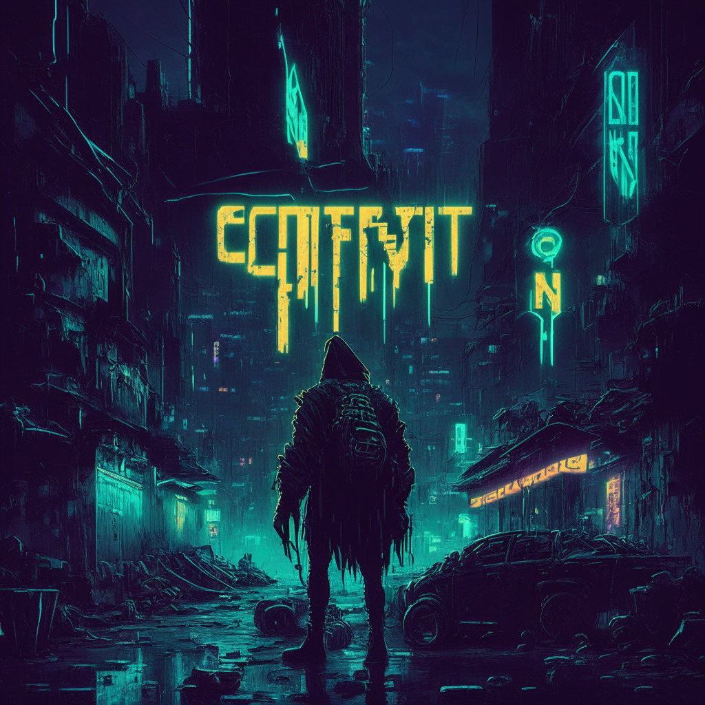 A gritty cyberpunk scene with dim neon lights illuminating unkempt city landscapes, representing a turbulent crypto marketplace. Central is a symbol of the CRV token, cracked and weathered, signifying a significant decline. Nearby, an ominous figure represents the hacker, holding a bag of CRV tokens, while a time-ticking bounty hinting at the offered deal between the exchange and the hacker. In the background, silhouettes of traders depict anxiety over potential liquidation, casting long, uncertain shadows. Mood: Tense and uneasy.