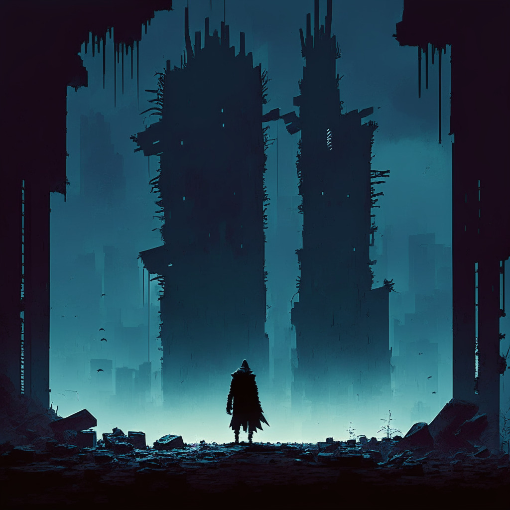 Gloomy cyber noir scene with pixelated shadows, a lone digital warrior battling amid digital fortress ruins, symbolic surrogate device held high. Crypto tokens scurrying like animated coins, invisible threads reaching towards a distant cell tower. Mood: suspenseful, ominous, deep despair.