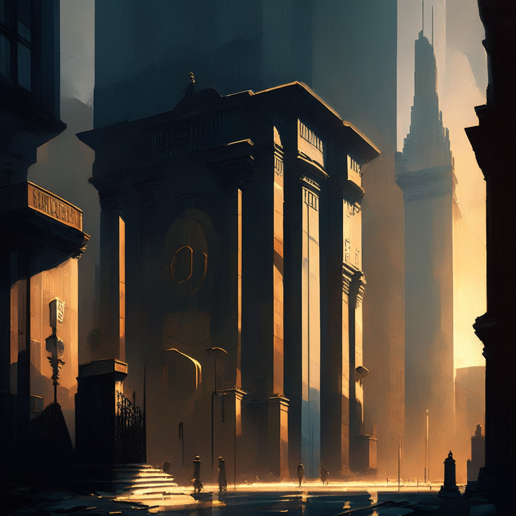 A synthesis of modern finance, 20th Century Street Style Painting, evening light, somber mood. A towering walled city representing the financial sector with massive gates changing from the old rusted LIBOR emblem to the fresh emblem of Cryptocurrency, with looming shadows depicting power shifts.