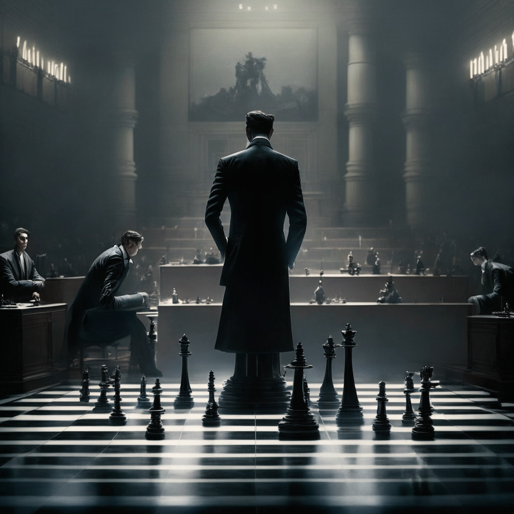 A metaphorical chess match unfolding in the realm of justice. Devise an image of a youthful mogul, a suspect crypto trader, at the edge of a looming chessboard. Forceful chess pieces symbolize his veteran lawyers. The background should depict an expansive courthouse bathed in dramatic chiaroscuro light, projecting tension and high stakes, in an Edward Hopper-esque style, with somber color palette.