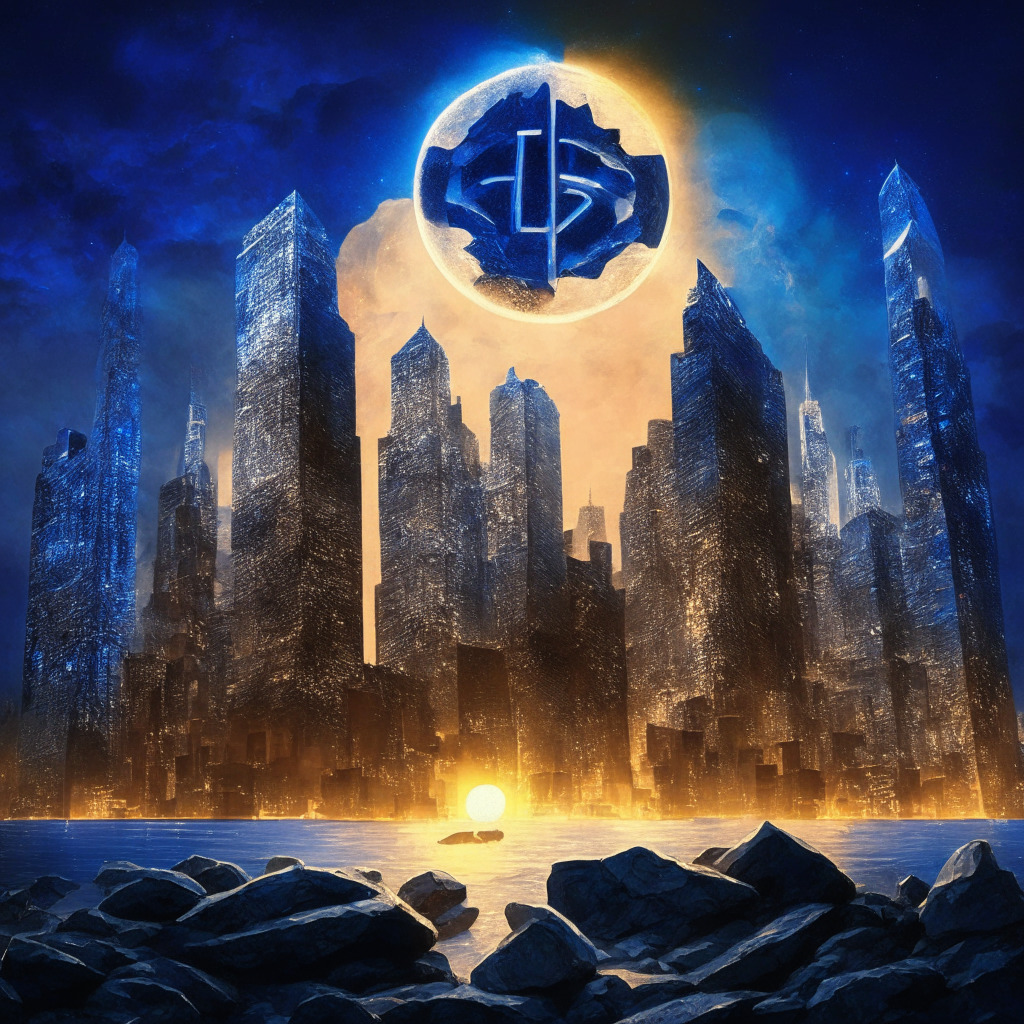 Two colossal, stone-like Cryptocurrency coins, Litecoin and Dogecoin, hovering over a futuristic blockchain city under the glow of a sapphire dusk. Dogecoin, once teetering on the brink, now robust and radiant, symbolizing its salvation by Litecoin's great solidity. The entire depiction bathed in the resilient, permeating light of survival and resurgence, capturing the intriguing journey of the two intertwined digital currencies, their struggles and their triumphant resurrection.