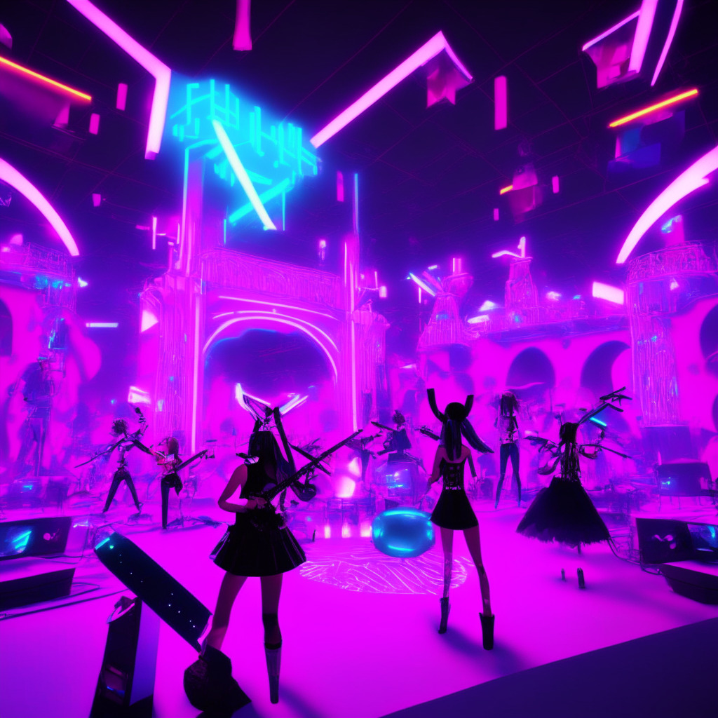 Virtual concert environment inhabited by vibrant digital avatars of Blackpink band members, set in an expansive metaverse palace illuminated by soft neon lights. Mood is energetic and immersive, with fans mingling and dancing to K-pop tunes. Elements include, Lightstick-shaped hammers and mined crystals, signifying fan engagement and interactivity.