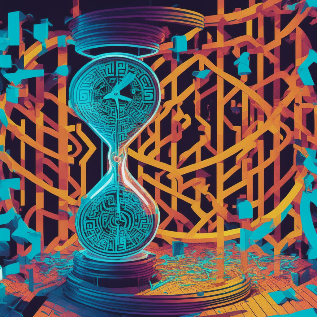 A vibrant image embodying the dynamic tension between regulators and crypto market enthusiasts over the prospective approval of Crypto ETFs. Visual-metaphors could include a stylized tug-of-war, a complex maze symbolizing the regulatory web, and an hourglass signifying the deadline extensions. The lighting should instill anticipation, invoking a sense of suspense, and the color palette should explore the clash between traditional financial blues and futuristic crypto purples.