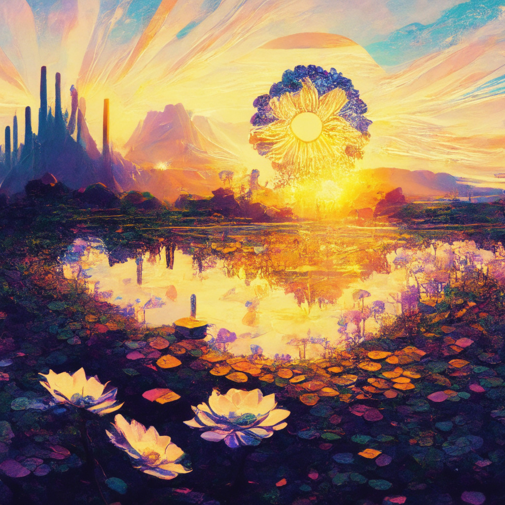 A digital landscape bustling with activity, depicted in a vivid impressionistic style. At the forefront, a blossoming flower symbolizing the rapid rise of a social app, its petals wilted to represent receding interest. Around it, an ethereal glow signifies accumulated Ethereum wealth. The setting sun mirrors a significant plunge in transactions, but the lingering twilight suggests residual user involvement. The overall mood should be one of cautious optimism, reflecting the transient yet persistent nature of crypto phenomenon.