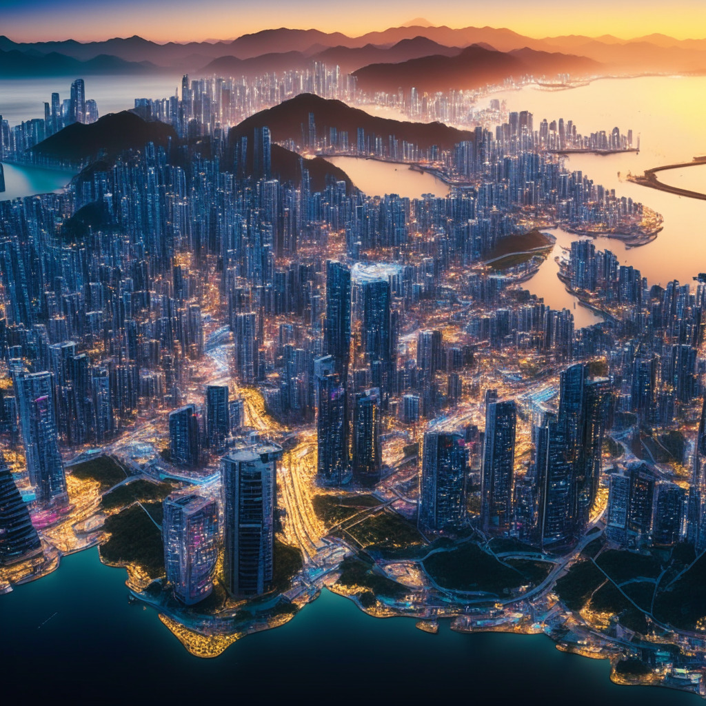 An aerial view of a futuristic South Korean cityscape showcasing Jeju, Busan, and Incheon, radiant in the soft glow of dawn. Pulsating digital currencies flow within the architectural structures, symbolizing the test of central bank digital currency (CBDC). The city bustles with digitized life, from local citizens to tourists, embodying the collaboration of residents and cross-country travellers. The mood is one of vibrant optimism despite underlying challenges represented by the faint shadows and clouds. The image is painted in a cyberpunk artsy style with high contrast lighting eloquently symbolizing hope amidst uncertainty.