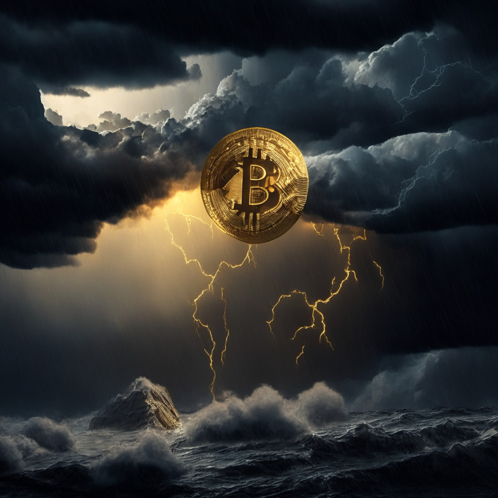 A darkened financial battlefield under a stormy sky, Bitcoin as a gleaming gold coin, steadied by a sturdy hold, untouched by raging winds and fallingbanks, showing resilience and buoyancy. The US dollar, a looming storm cloud, signifies its strength filling one side of the scene, juxtapositioning tension with the Bitcoin's golden shimmer.