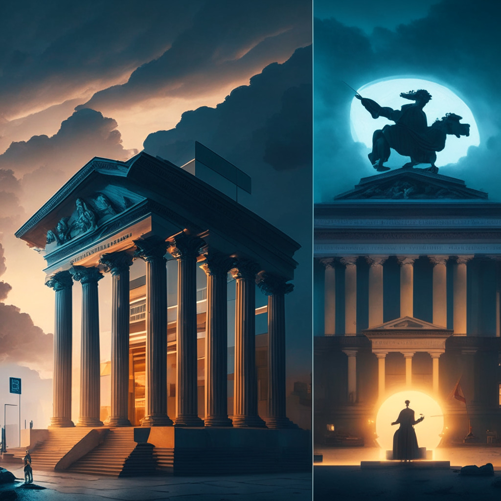 A juxtaposed scene of a traditional bank on one side, and a futuristic crypto exchange on the other, both depicted in a poetic dance of discord, under a dramatic twilight sky. One side showing stoic, unwelcoming neoclassical architecture, the other a glowing, inviting high-tech hub. A lone figure balances between, depicting the struggle and uncertainty of the crypto world in Australia.
