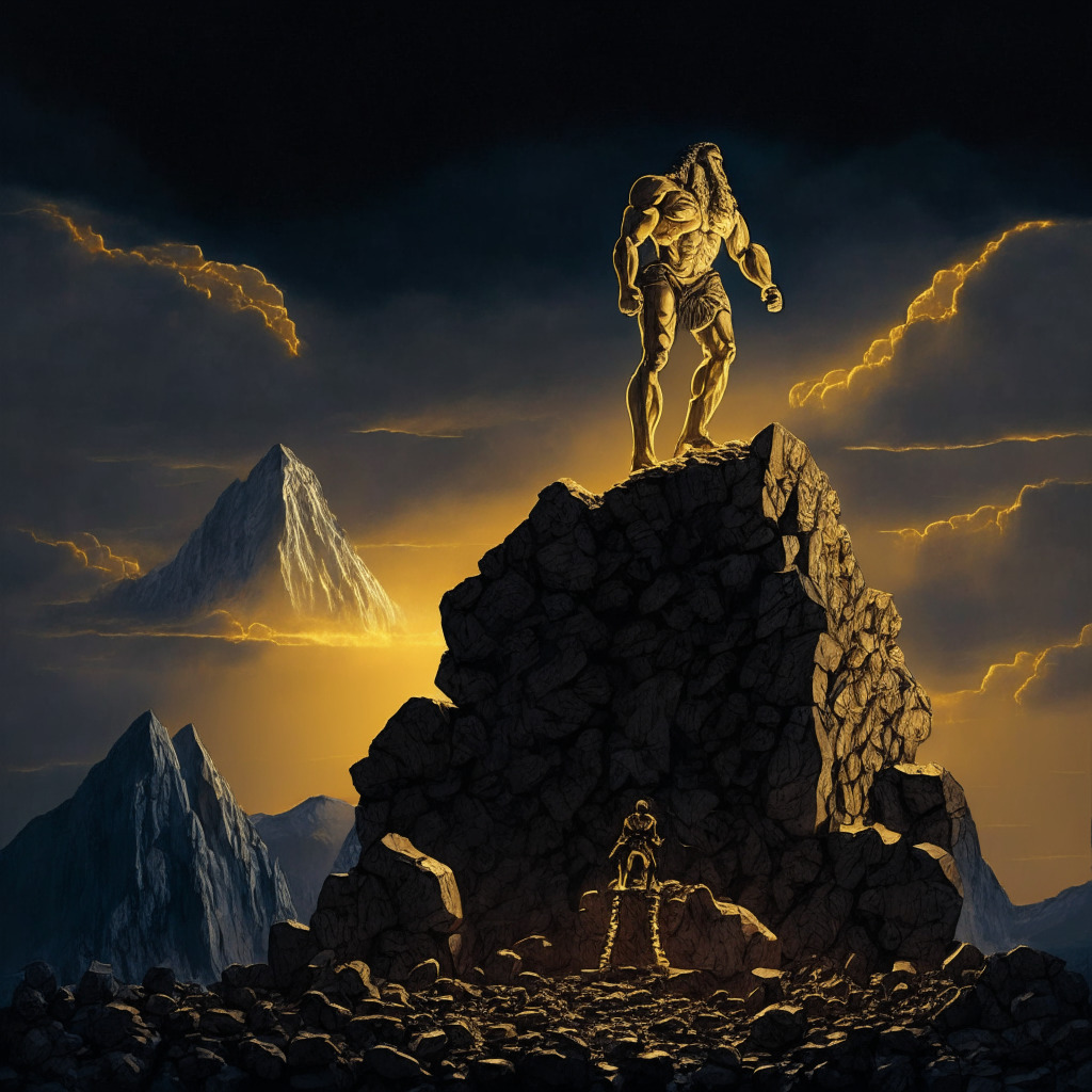A symbolic representation of the rise and fall of Bitcoin mining titans, displaying a victorious titan standing taller on a mountain of gold bitcoins, characterized as Marathon, overpowering another defeated titan, symbolizing Core Scientific. Twilight hour lighting, hyperrealism style, somber yet hopeful atmosphere.